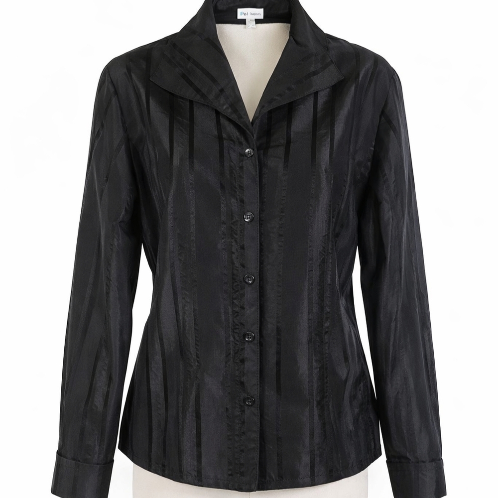 Puli Black Striped Button-Up Blouse Women's Large Long Sleeve Top